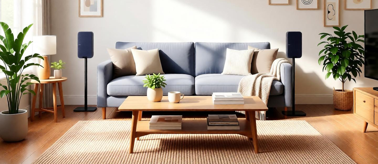Two black speakers on stands behind a light-coloured sofa in the living room.