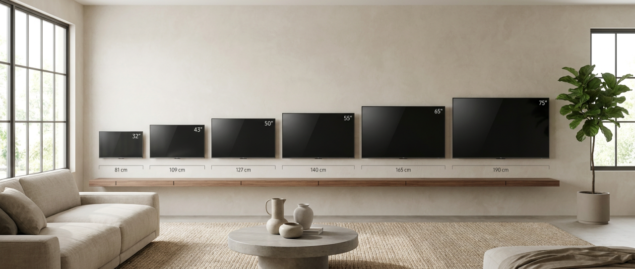 Overview of TV sizes in centimetres by inch size in a living room