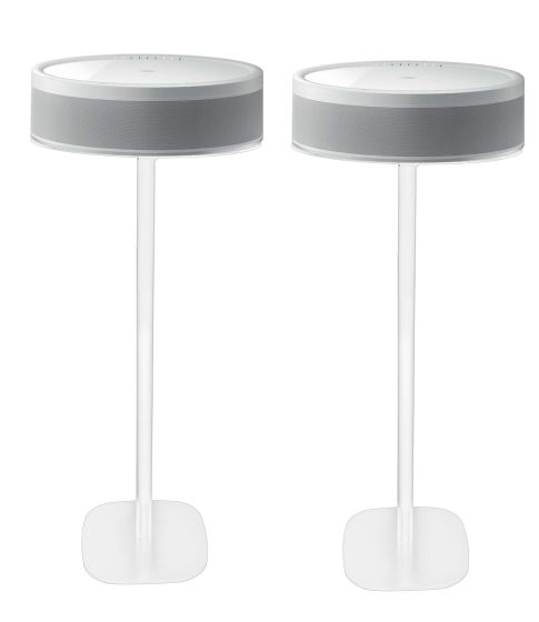 Set of two white Vebos floor stands with Yamaha MusicCast 50