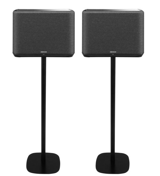 Set of two black Vebos floor stands with Denon Home 350