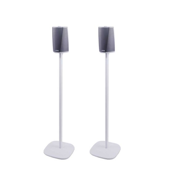 Set of two white Vebos floor stands with Denon HEOS 1