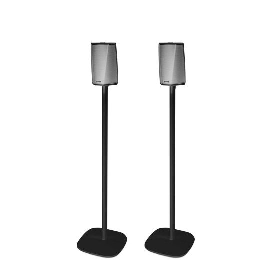 Set of two black Vebos floor stands with Denon HEOS 1
