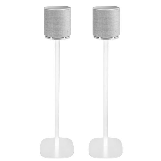 Set of two white Vebos floor stands with B&O BeoPlay M5