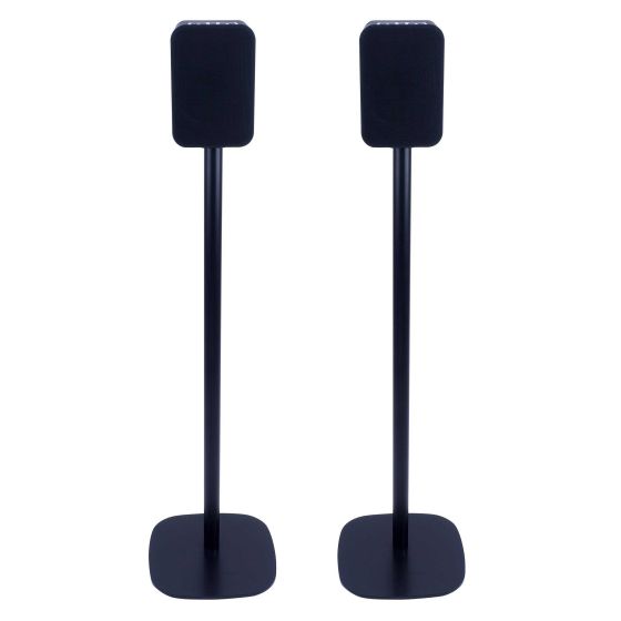 Set of two black Vebos floor stands with Bluesound Pulse Flex