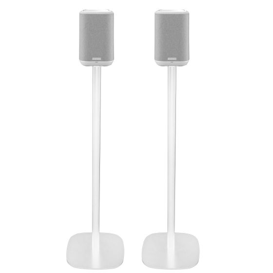 Set of two white Vebos floor stands with Denon Home 150