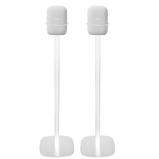 Set of two white Vebos floor stands with Google Nest Audio