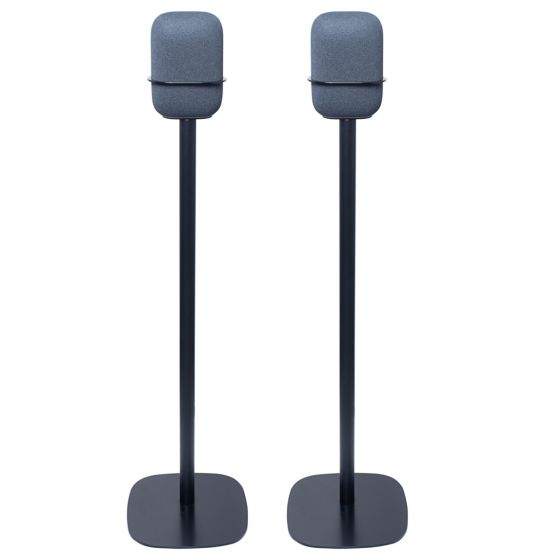 Set of two black Vebos floor stands with Google Nest Audio