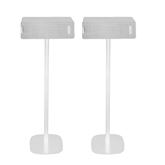 Set of two white Vebos floor stands with Ikea Symfonisk horizontal