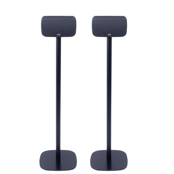 Set of two black Vebos floor stands with Polk SR1 Wireless Surrounds