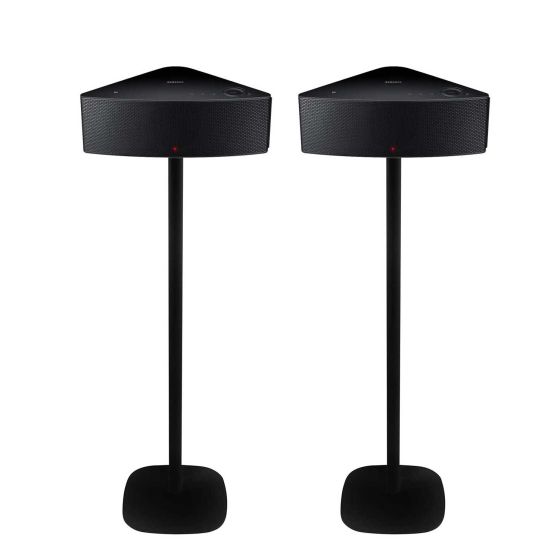 Set of two black Vebos floor stands with Samsung M5 WAM550