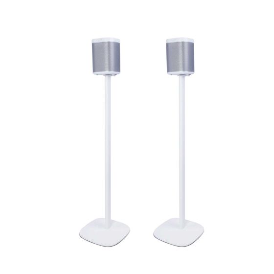 Set of two white Vebos floor stands with Sonos Play 1