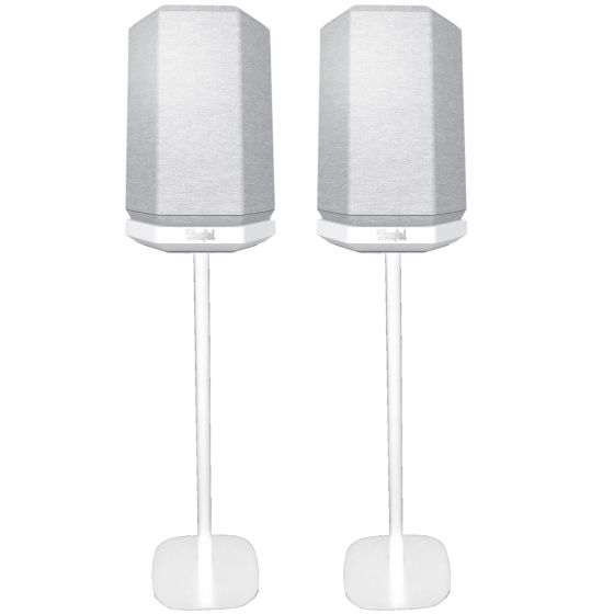 Set of two white Vebos floor stands with Teufel Holist M
