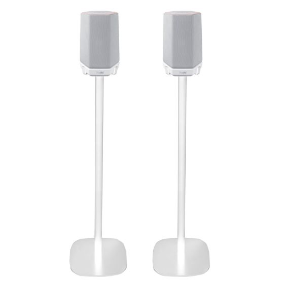 Set of two white Vebos floor stands with Teufel Holist S