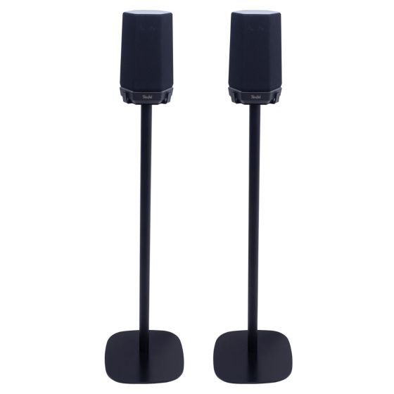 Set of two black Vebos floor stands with Teufel Holist S