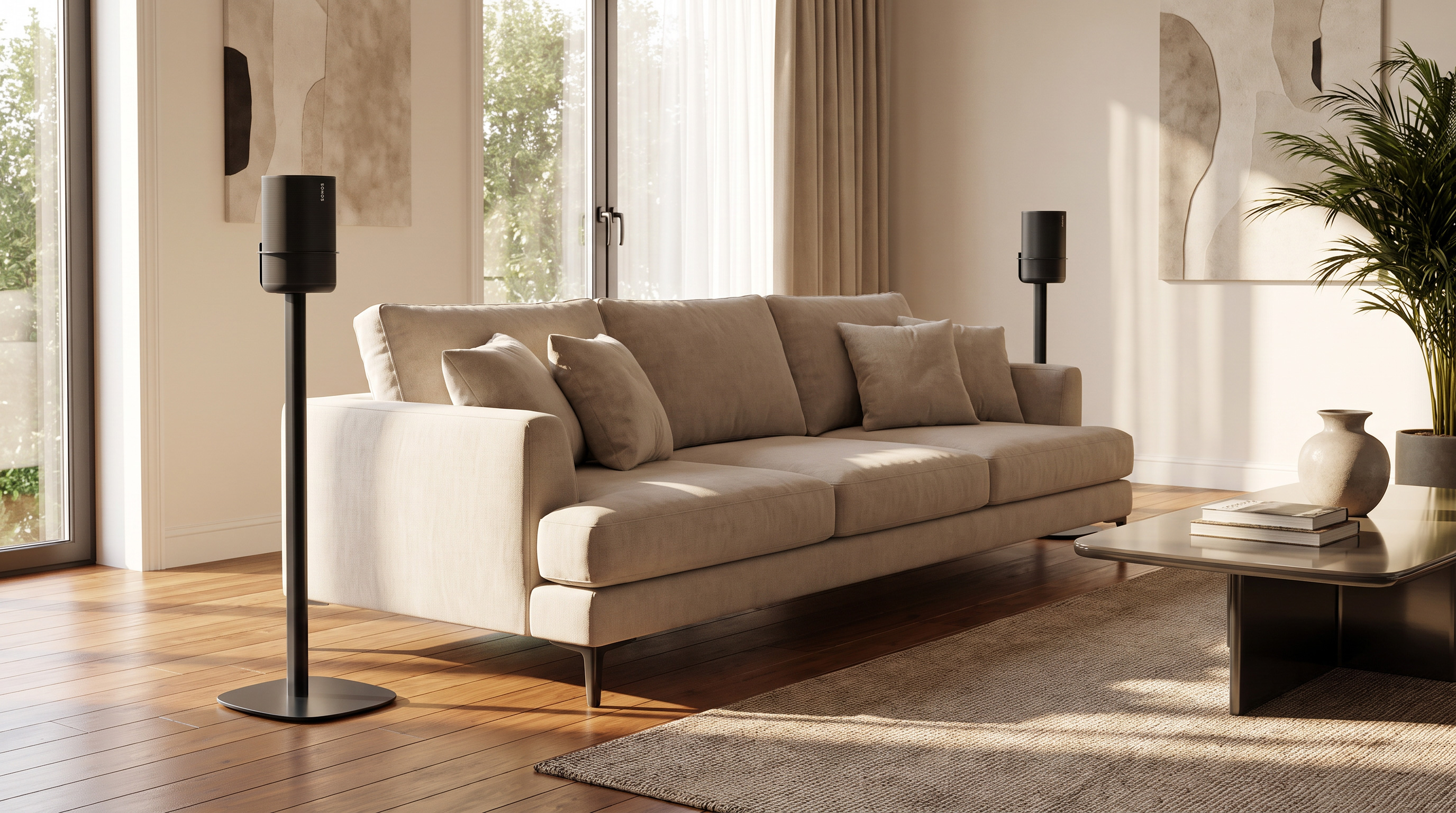 Two Sonos Play speakers on floor stands behind a couch, with a clear line of sight to the soundbar